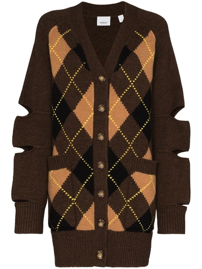 Shop Burberry Cut-out Argyle-check Cardigan In Braun