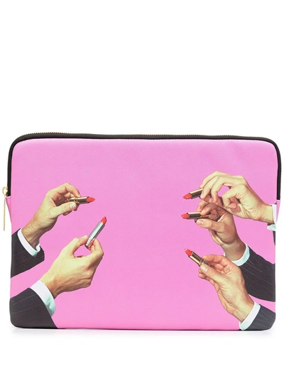 Shop Seletti Lipstick Print Laptop Case In Pink