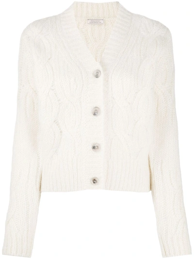 Shop Nina Ricci Cable-knit Mohair-blend Cardigan In Neutrals