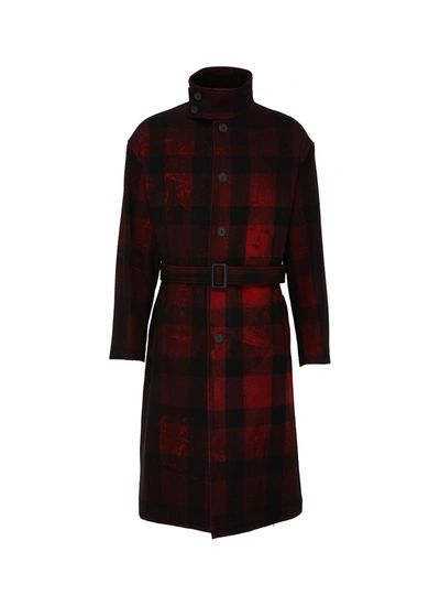 Shop Yohji Yamamoto Check Portrait Print Belted Trench Coat In Red