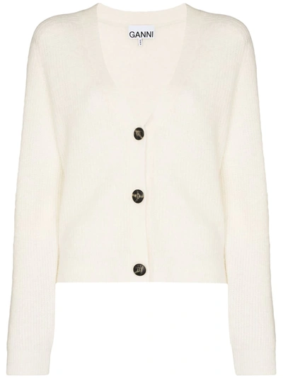 Shop Ganni Ribbed-knit Wool Cardigan In White