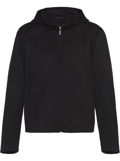 Shop Prada Zip Front Knitted Hoodie In Black