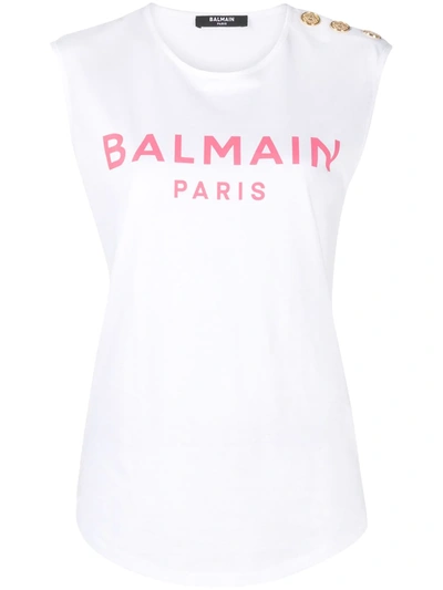 Shop Balmain Logo Print Top In White