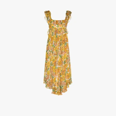 Shop Zimmermann Poppy Frill Floral Silk Midi Dress In Orange