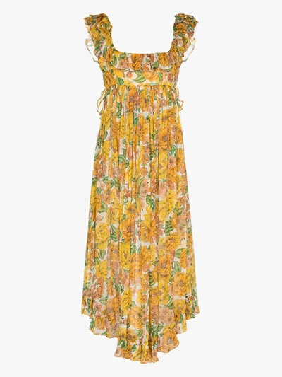 Shop Zimmermann Poppy Frill Floral Silk Midi Dress In Orange