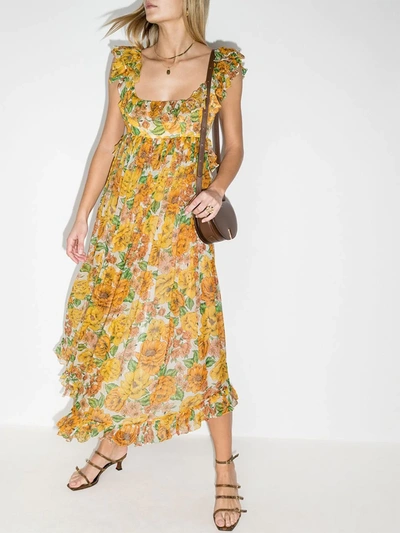 Shop Zimmermann Poppy Frill Floral Silk Midi Dress In Orange