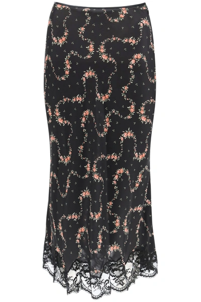 Shop Paco Rabanne Floral Skirt With Lace In Black Flowers Garland (black)