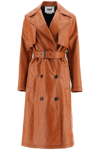 Shop Msgm Faux Leather Trench Coat In Honey (brown)