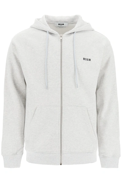 Shop Msgm Zip-up Sweatshirt With Logo Print In Grigio (grey)
