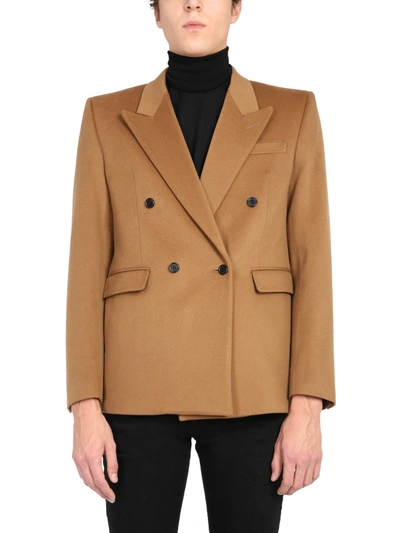 Shop Saint Laurent Long Double-breasted Jacket In Beige