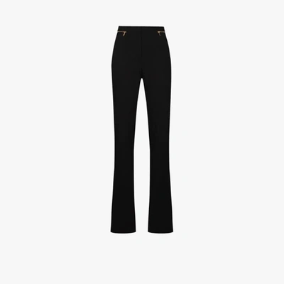 Shop Versace Black Zipped Flared Wool Trousers