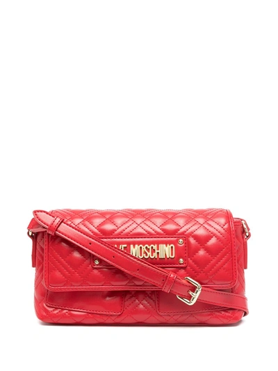 Shop Love Moschino Logo-plaque Quilted Crossbody Bag In Red
