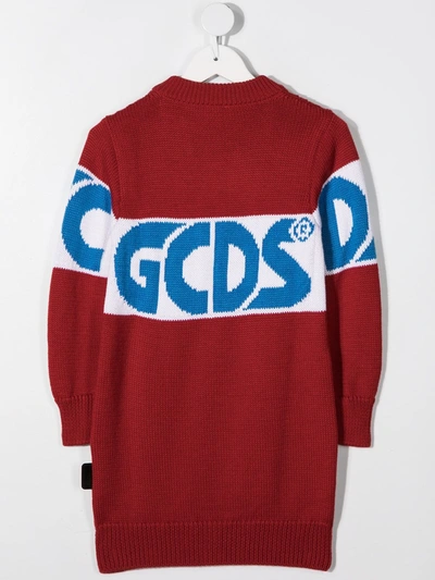 Shop Gcds Embroidered Logo Knitted Dress In Red