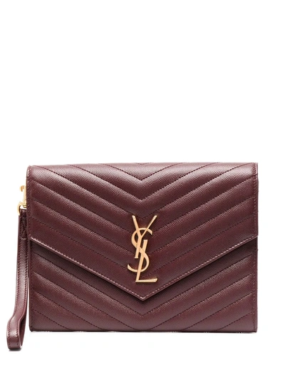 Shop Saint Laurent New Pouch Monogram Clutch In Red