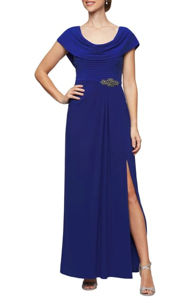 Shop Alex Evenings Cowl Neck Beaded Waist Gown In Dark Royal