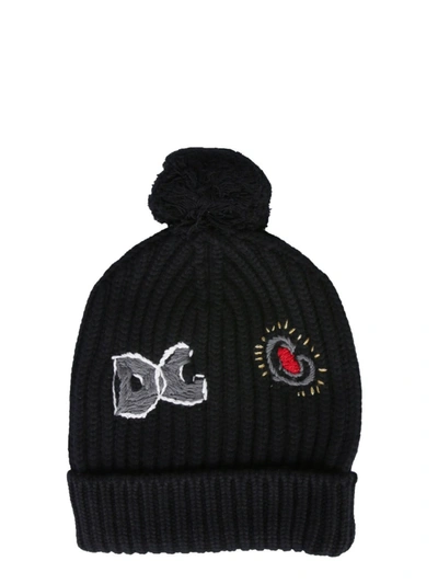 Shop Dolce & Gabbana Embroidered Knitted Hat In Black