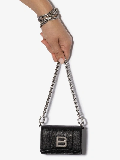 Shop Balenciaga Hourglass Leather Wallet On Chain In Black