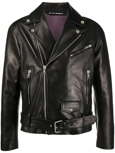 Shop Palm Angels Leather Logo Biker Jacket In Black