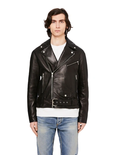 Shop Palm Angels Leather Logo Biker Jacket In Black