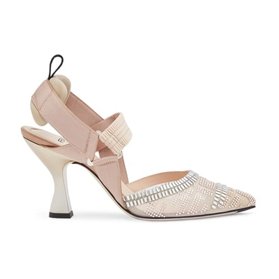 Shop Fendi High-heeled Slingbacks In Nude Mesh With Rhinestone Embroidery In Rose