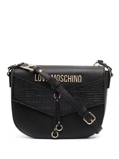 Shop Love Moschino Contrast Panel Logo Plaque Satchel Bag In Black