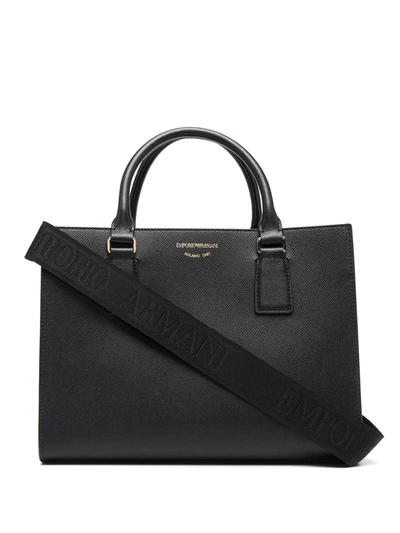 Shop Emporio Armani Logo Strap Textured Tote Bag In Black