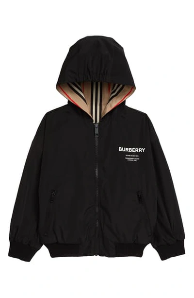 Shop Burberry Kids' Icon Stripe Reversible Hooded Jacket In Black