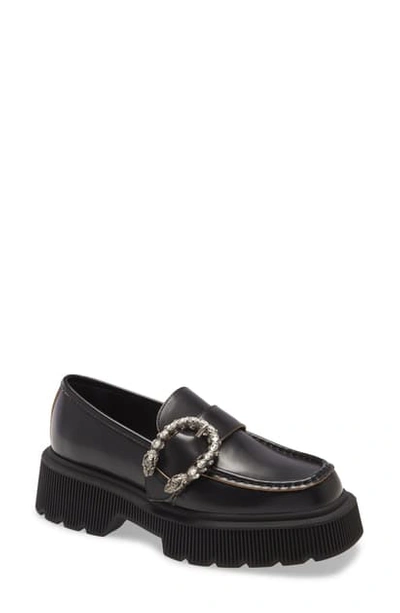 Shop Gucci Hunder Crystal Buckle Platform Loafer In Black