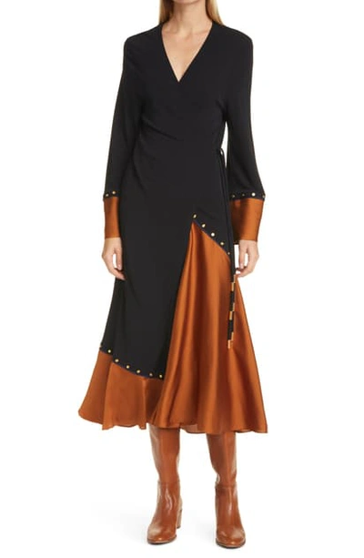 Shop Tory Burch Long Sleeve Mixed-material Wrap Dress In Dark Amber
