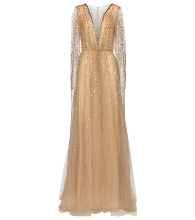 Shop Monique Lhuillier Embellished Tulle Gown In Gold