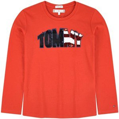 Shop Tommy Hilfiger Orange Sequin Branded T-shirt In Red