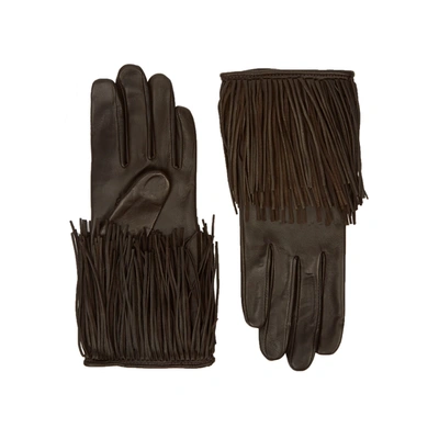 Shop Agnelle Lena Dark Brown Fringed Leather Gloves