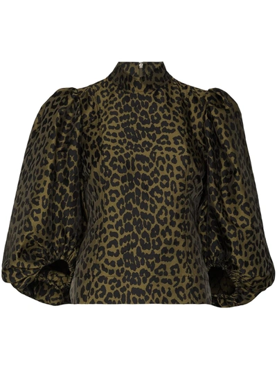 Shop Ganni Leopard-jacquard Puff-sleeve Blouse In Green ,black