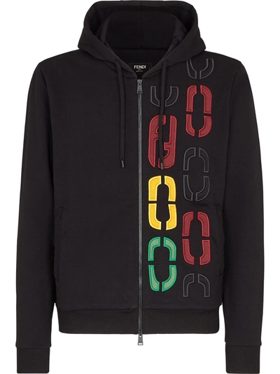 Shop Fendi Ff Embroidered Zipped Hoodie In Black