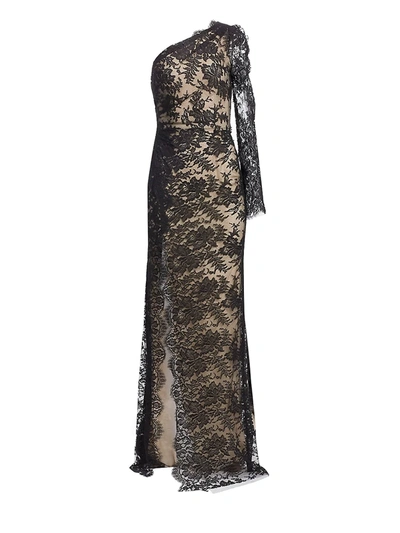 Shop Monique Lhuillier Women's One-shoulder Long-sleeve Lace Side Slit Gown In Noir