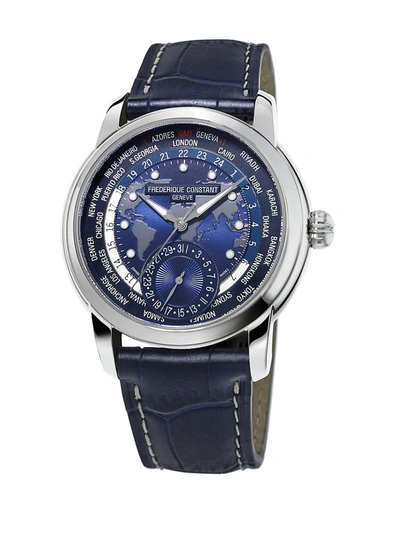 Shop Frederique Constant Men's Worldtimer Manufacture Stainless Steel Leather Strap Watch In Navy Blue