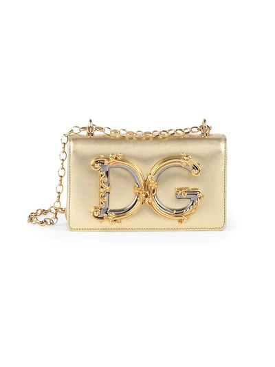 Shop Dolce & Gabbana D & G Girls Metallic Leather Crossbody Phone Case In Light Gold