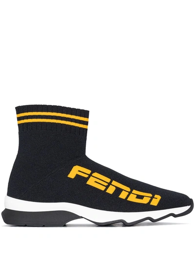 Shop Fendi Jacquard Logo Sock-style Sneakers In Black