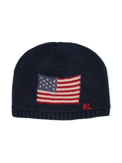 Shop Ralph Lauren Flag Knit Beanie In Blue