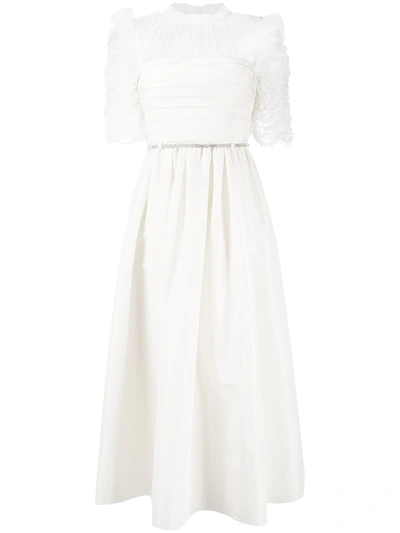 Shop Self-portrait Ruched-sleeve Flared Midi Gown In White