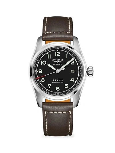 Shop Swatch Men's Longines Spirit Stainless Steel & Leather-strap Watch In Black