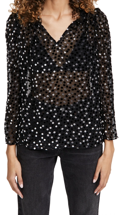 Shop Rebecca Taylor Long Sleeve Velvet Dot Blouse In Black Combo