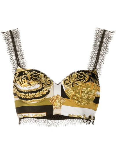 Shop Versace Printed Lace-detail Bralette In Gold