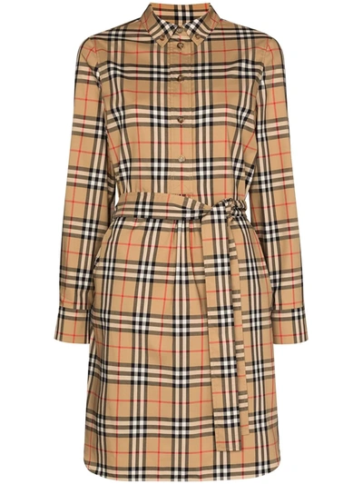 Burberry Vintage Check-pattern Belted Shirt Dress In Brown