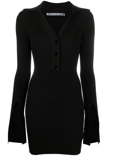 Shop Alexander Wang Split-sleeve Rib-knit Mini-dress In Black