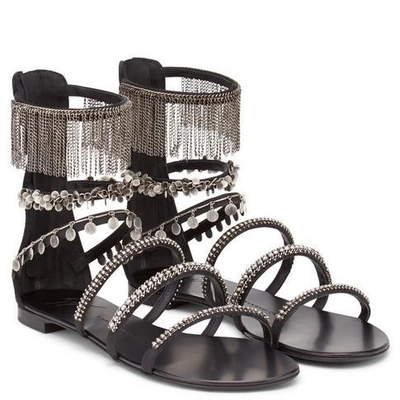 Shop Giuseppe Zanotti - Flat Leather Sandals With Chains Fame In Black