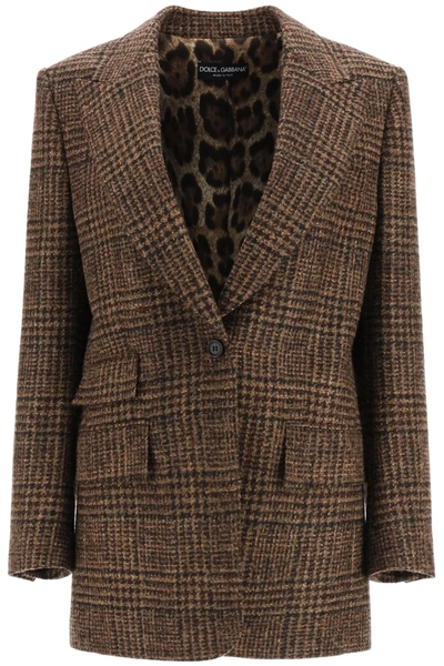 Shop Dolce & Gabbana Houndstooth Tweed Blazer In Quadri Check Tartan (brown)