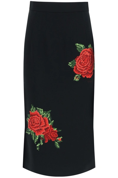Shop Dolce & Gabbana Rose Embroidery Midi Skirt In Ricamati (black)