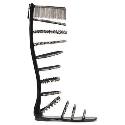 Shop Giuseppe Zanotti - Black Leather Flat Sandals With Chains Fame