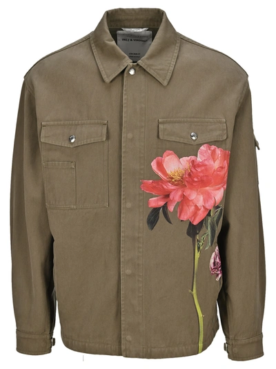 Shop Valentino Flowersity Shirt Jacket In Olive Green